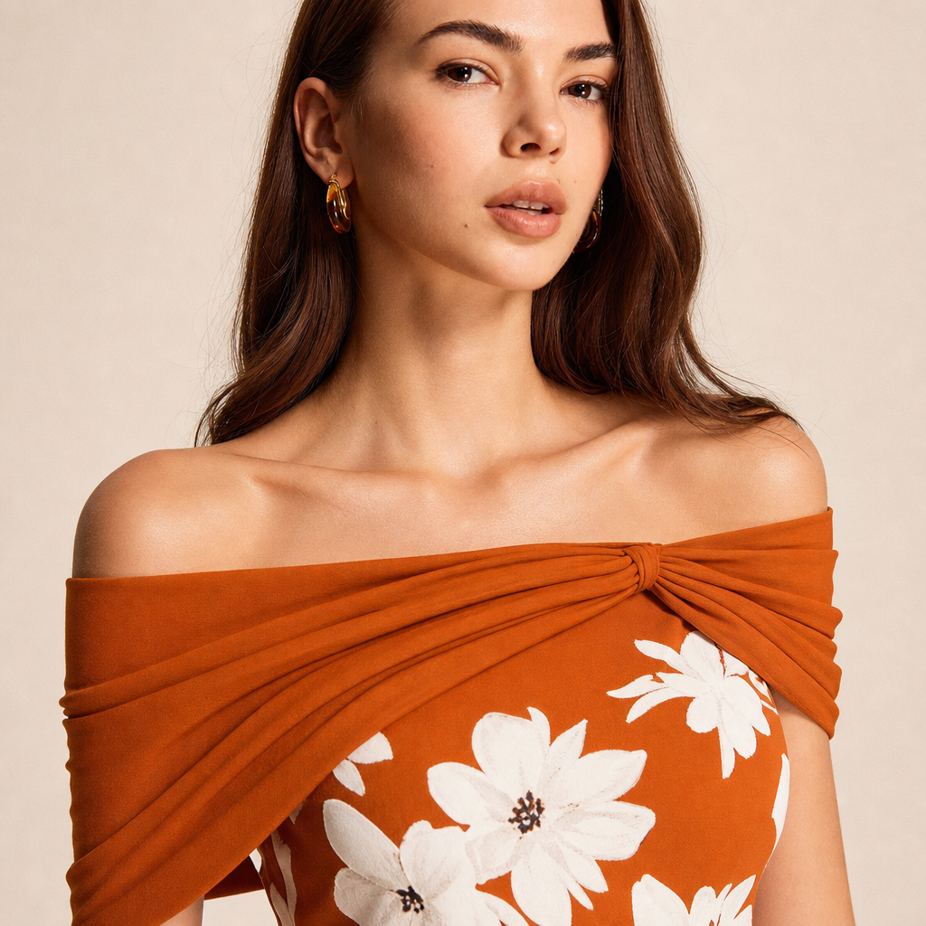 Off Shoulder Twist Front Floral High Low Fishtail Midi Dress 11