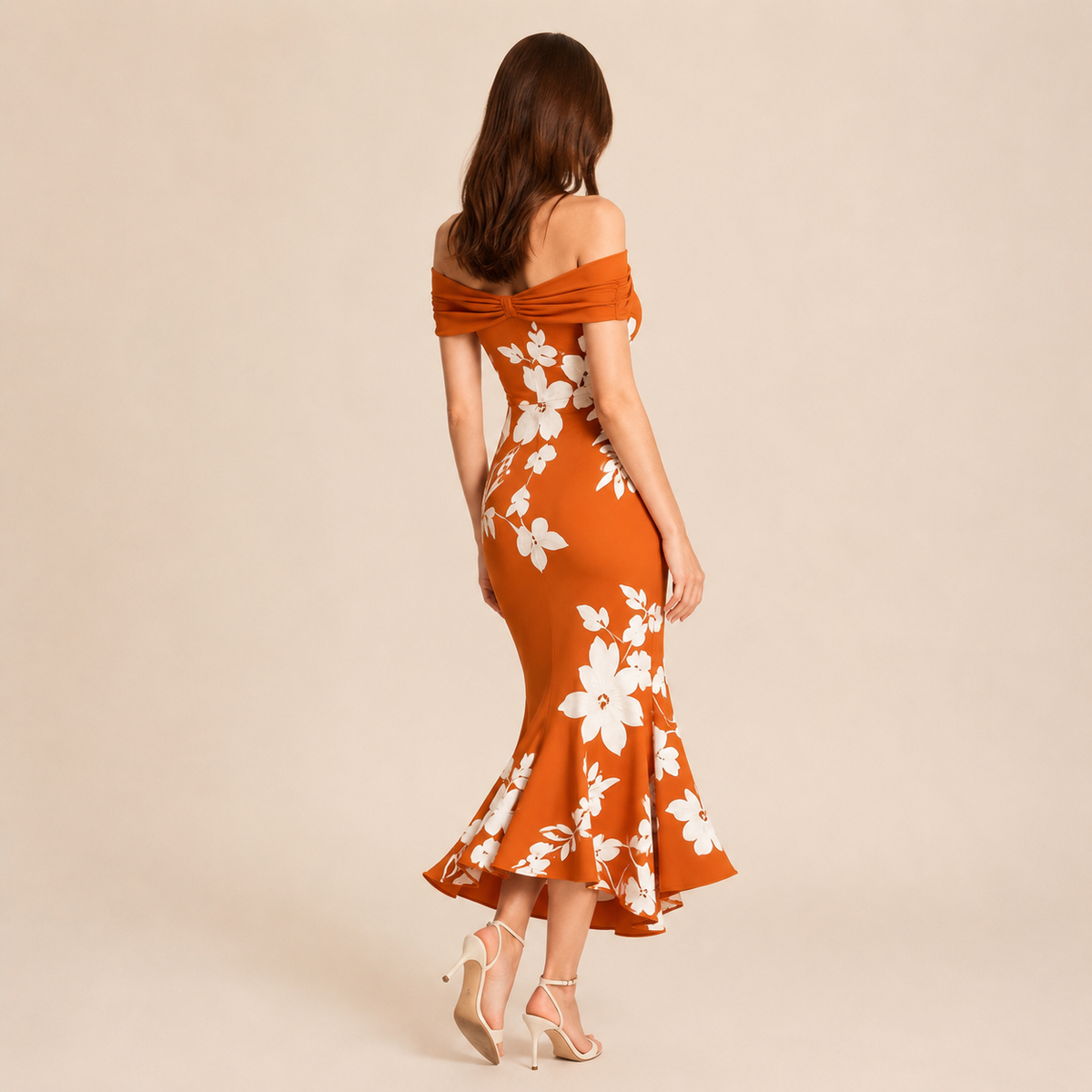 Off Shoulder Twist Front Floral High Low Fishtail Midi Dress 12