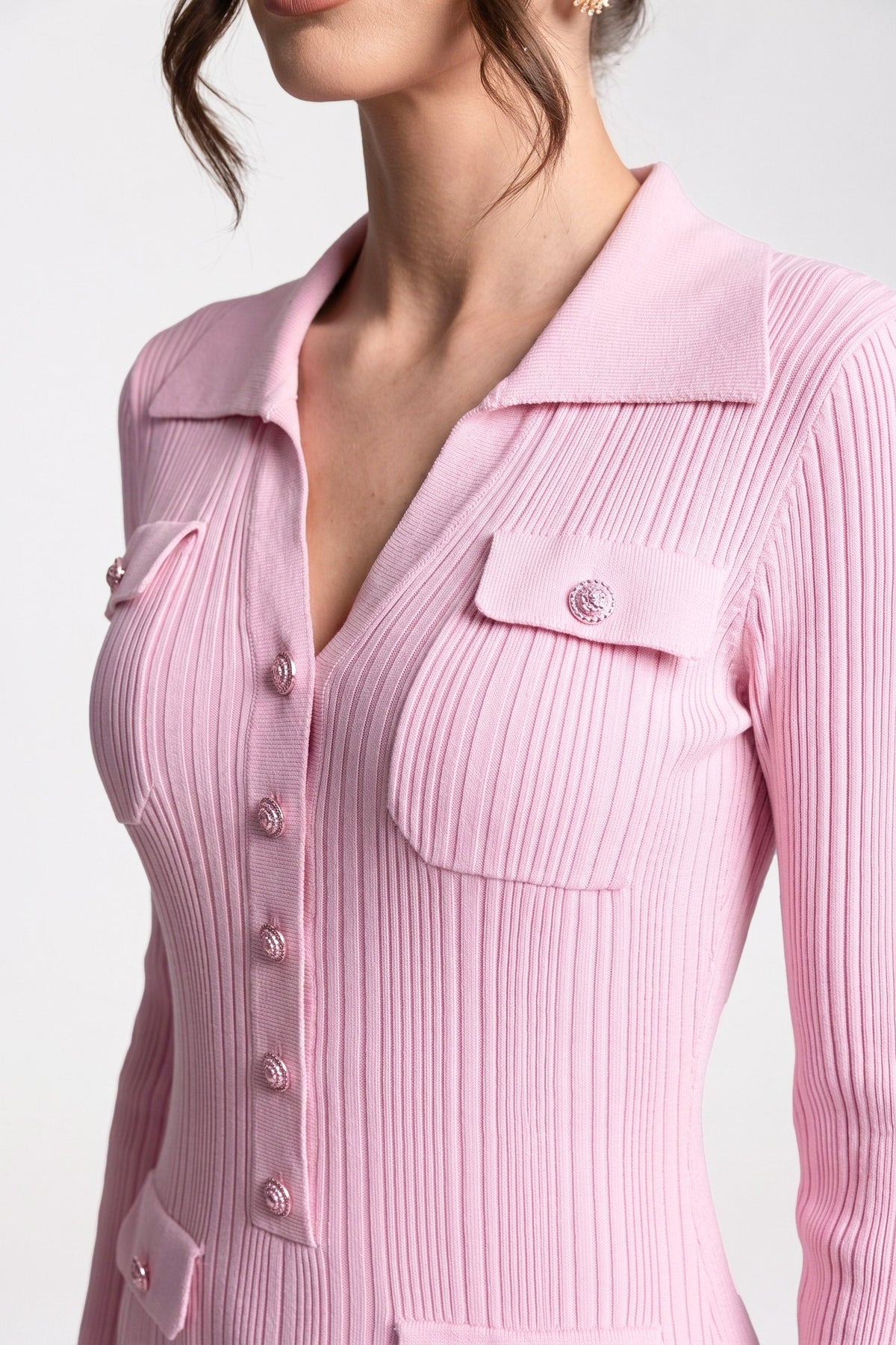 Long-Sleeve Button-Front Knit Maxi Dress With Patch Pockets - Pink - View 4