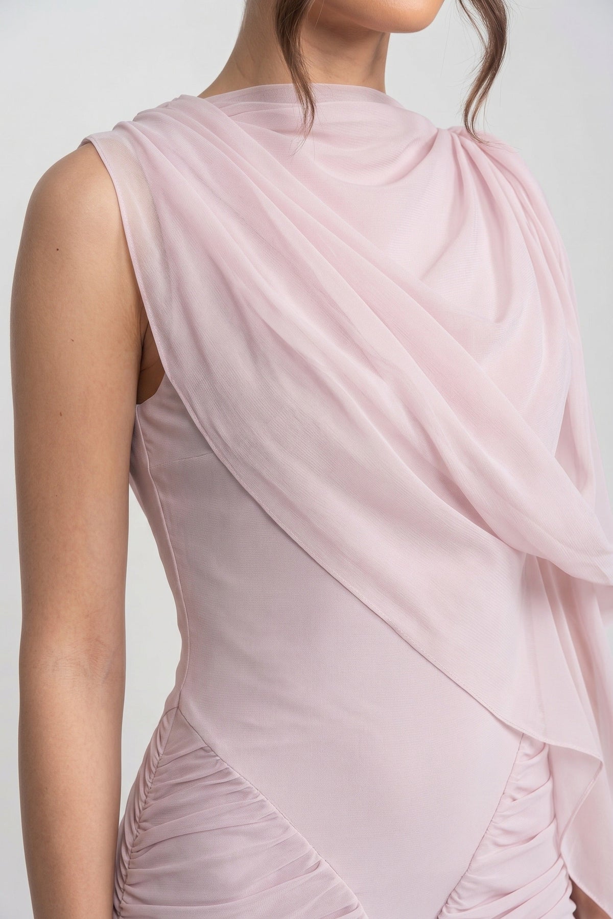 One Shoulder Sheer Drape Overlay Ruched Maxi Gown - View 3