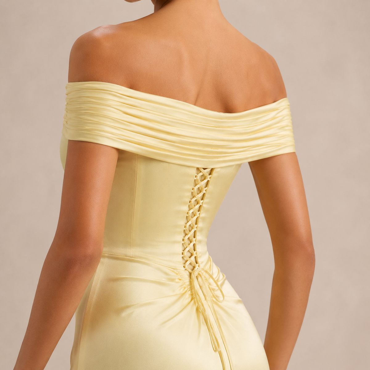 Off Shoulder Ruched Satin Mermaid Gown 5