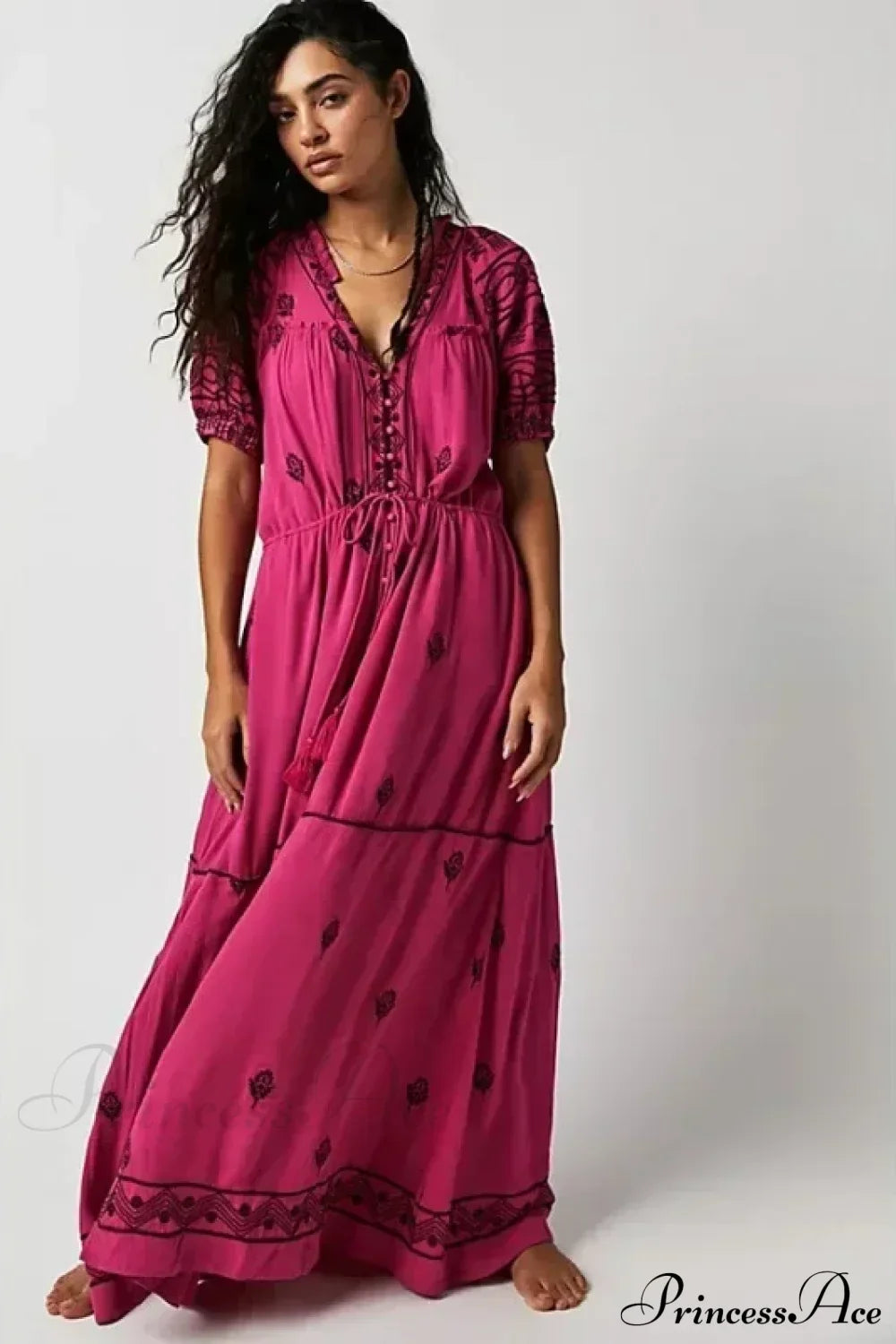 Button Down Embroidery Short Sleeve Chic Boho Dress