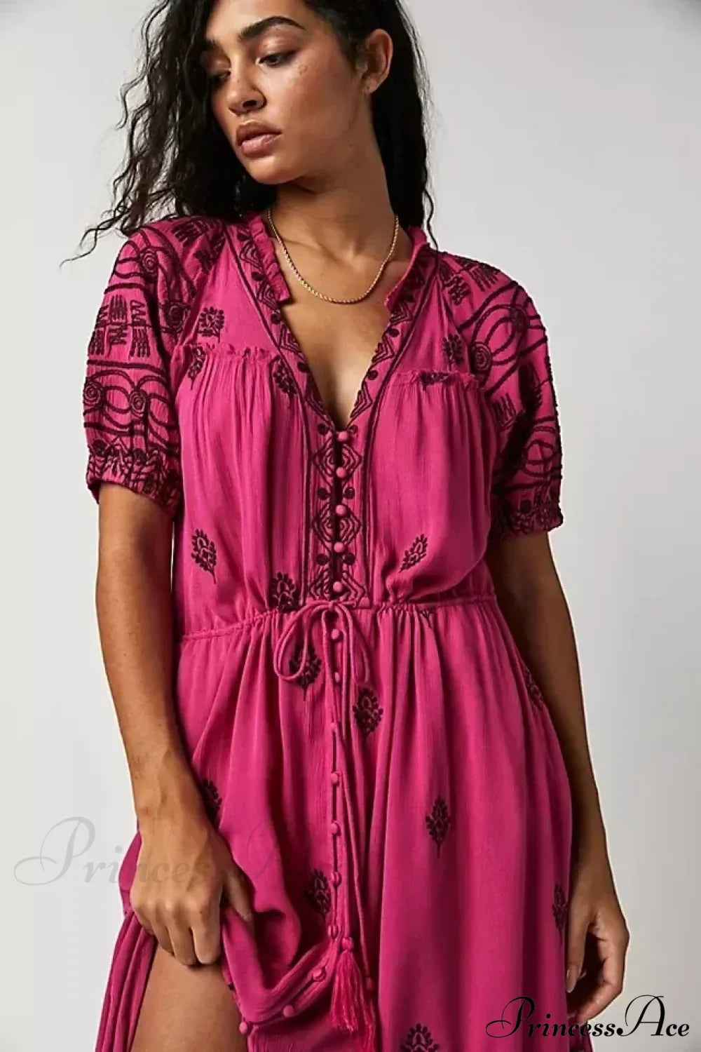 Button Down Embroidery Short Sleeve Chic Boho Dress Rose Red / S bohodress-250126