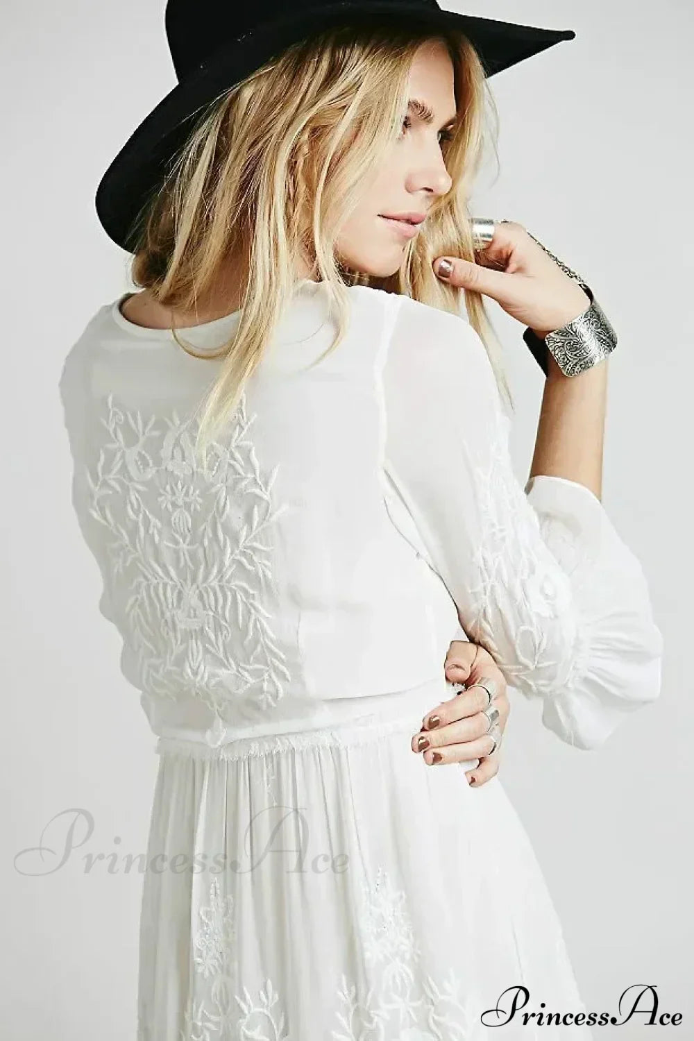 Button Down Hollow Embroidery High Waist Boho Dress
