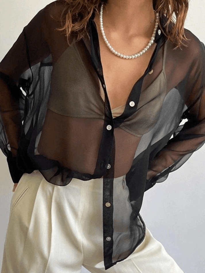 Sheer Button Up Shirt and Satin Trousers Set 4