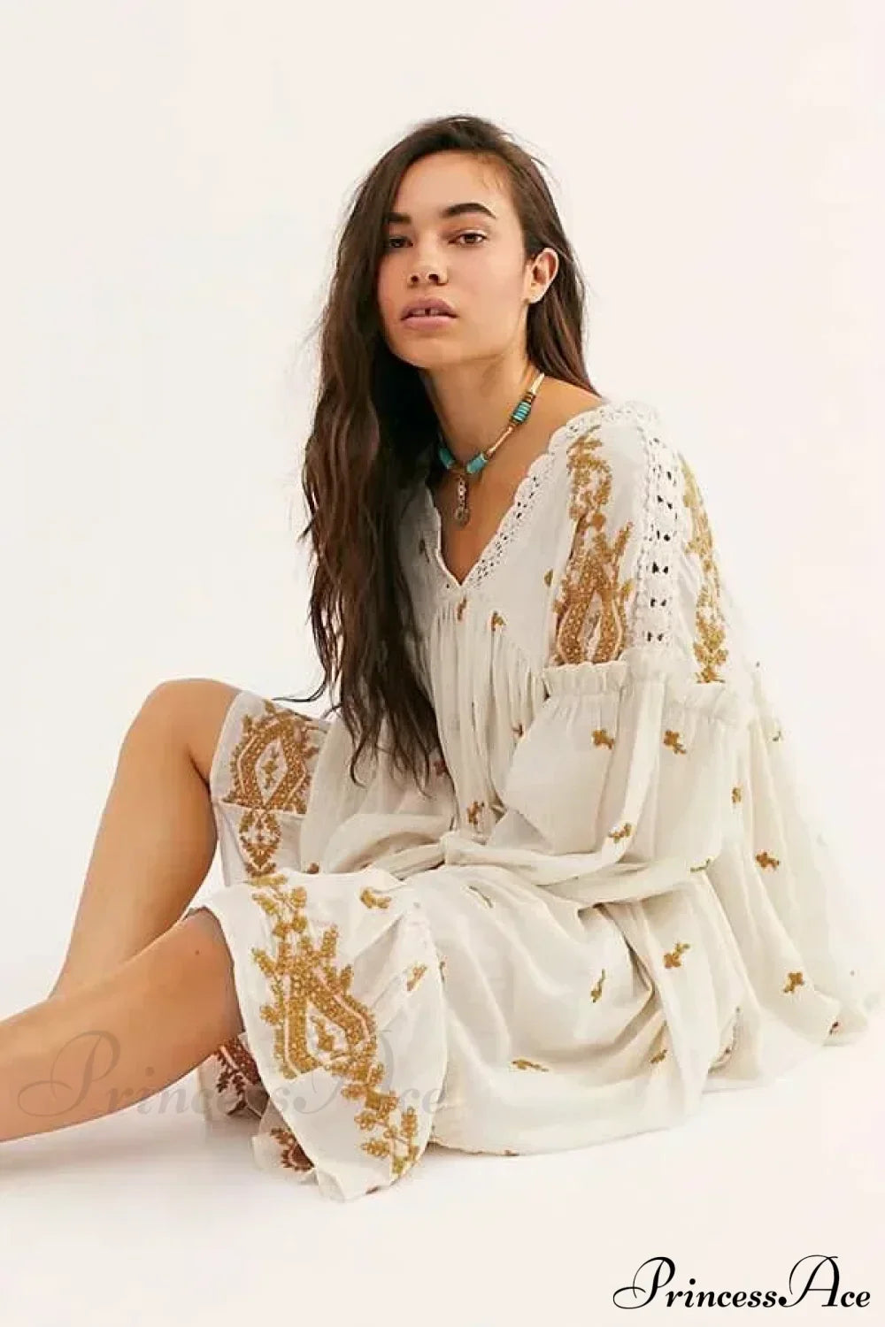 Button Up Black Embroidery Vintage Cotton Boho Dress Off white / S bohodress-250126