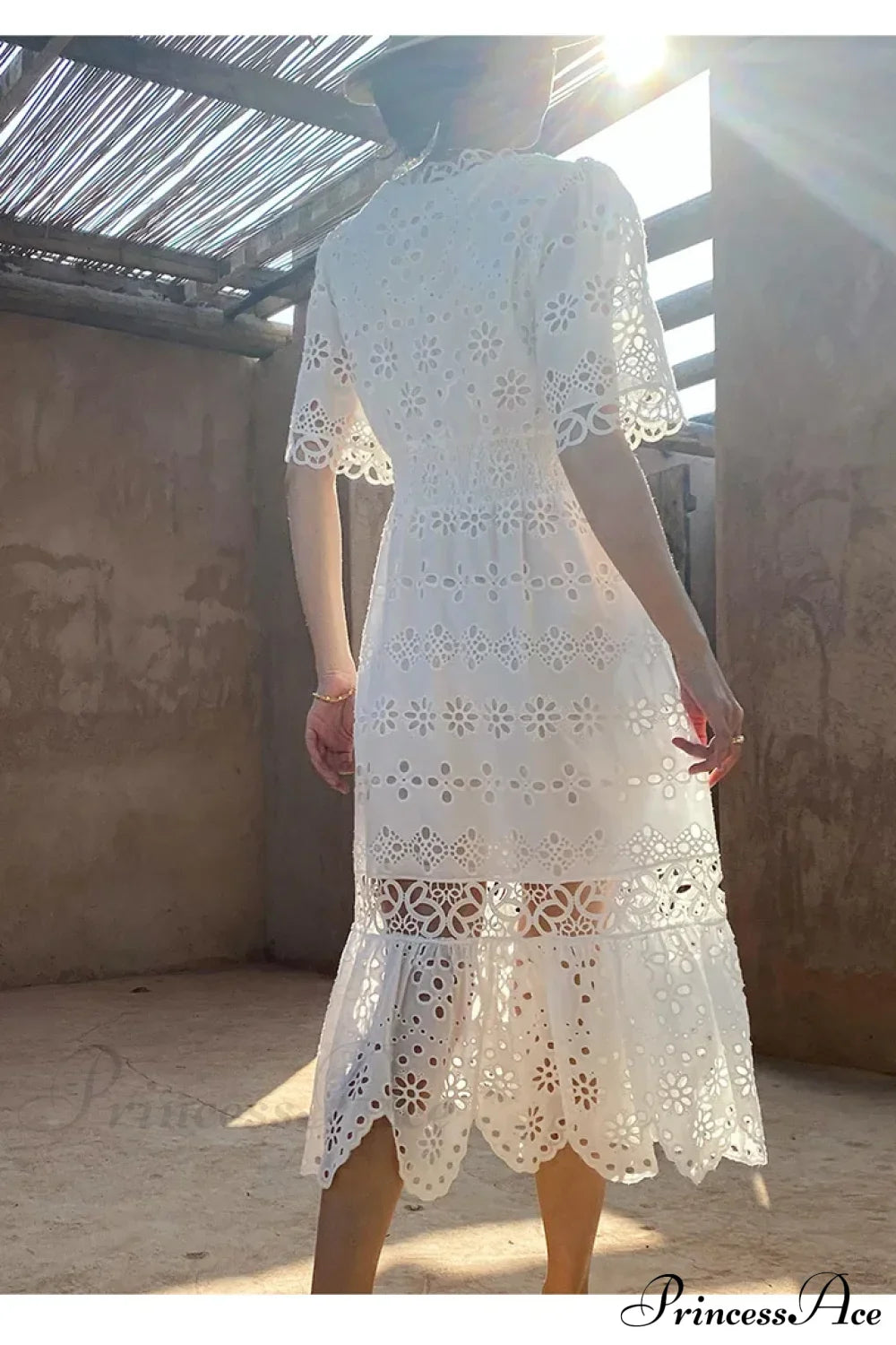 Button Up Embroidery Lantern Sleeve Cotton Boho Dress