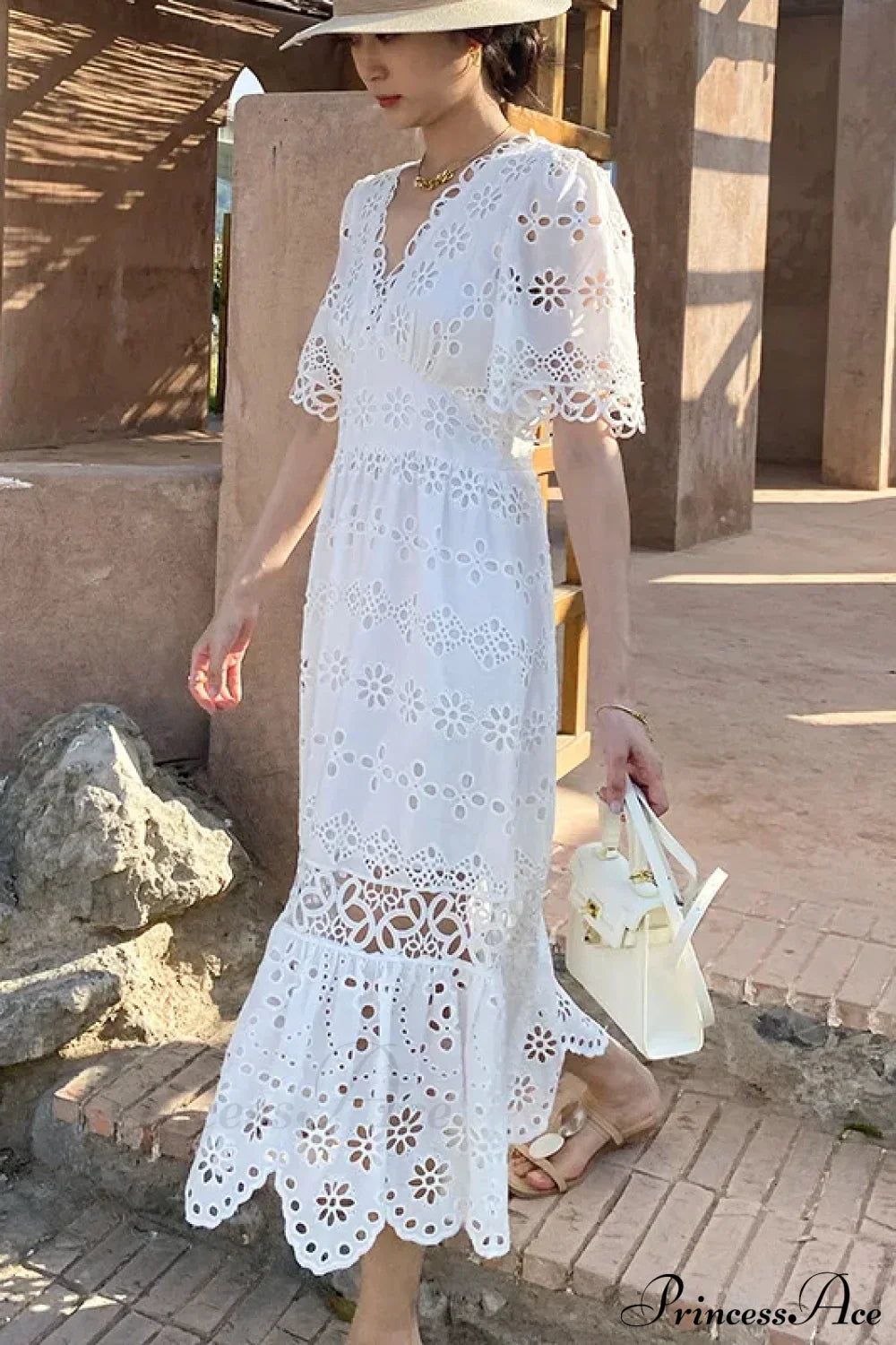 Button Up Embroidery Lantern Sleeve Cotton Boho Dress