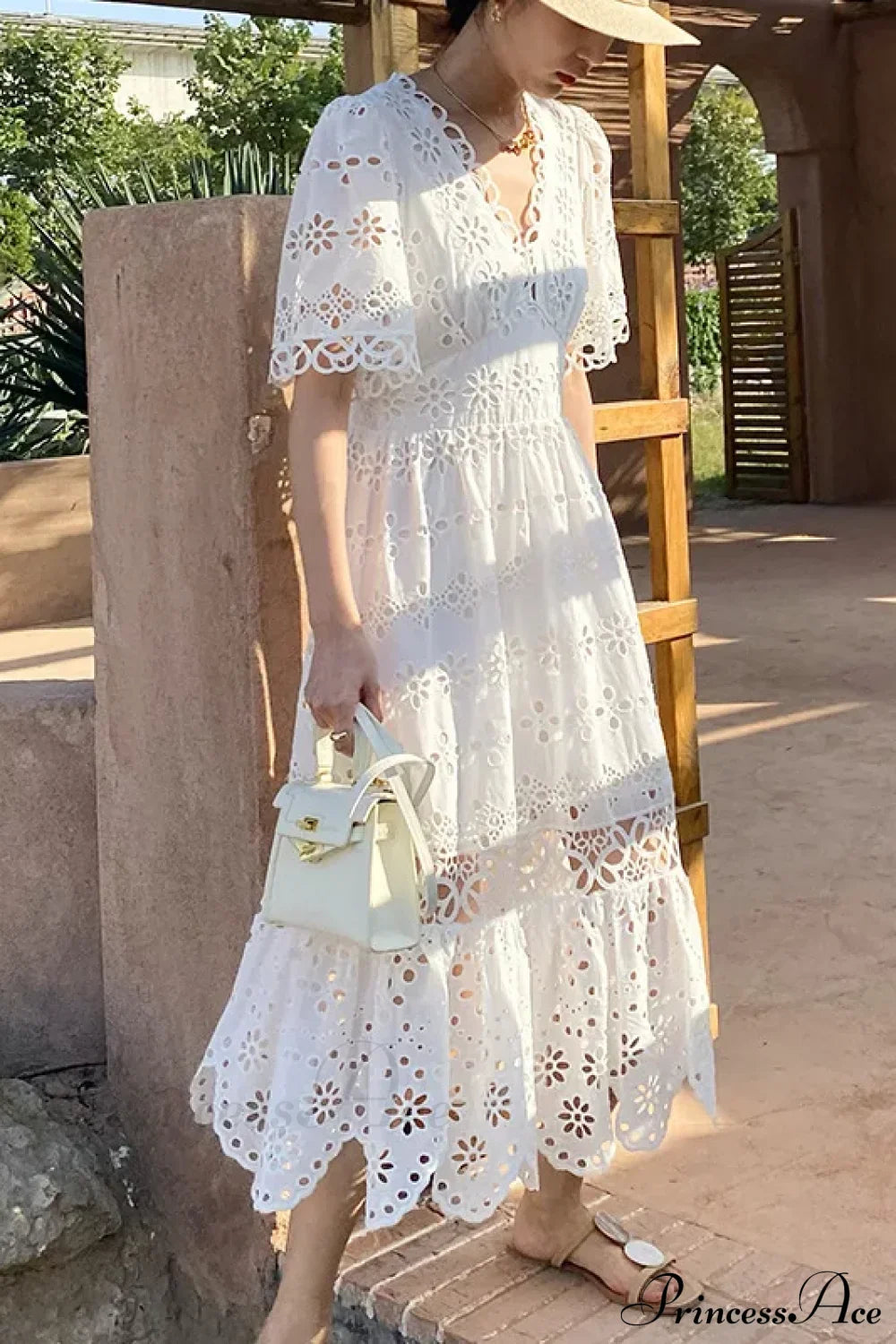 Button Up Embroidery Lantern Sleeve Cotton Boho Dress