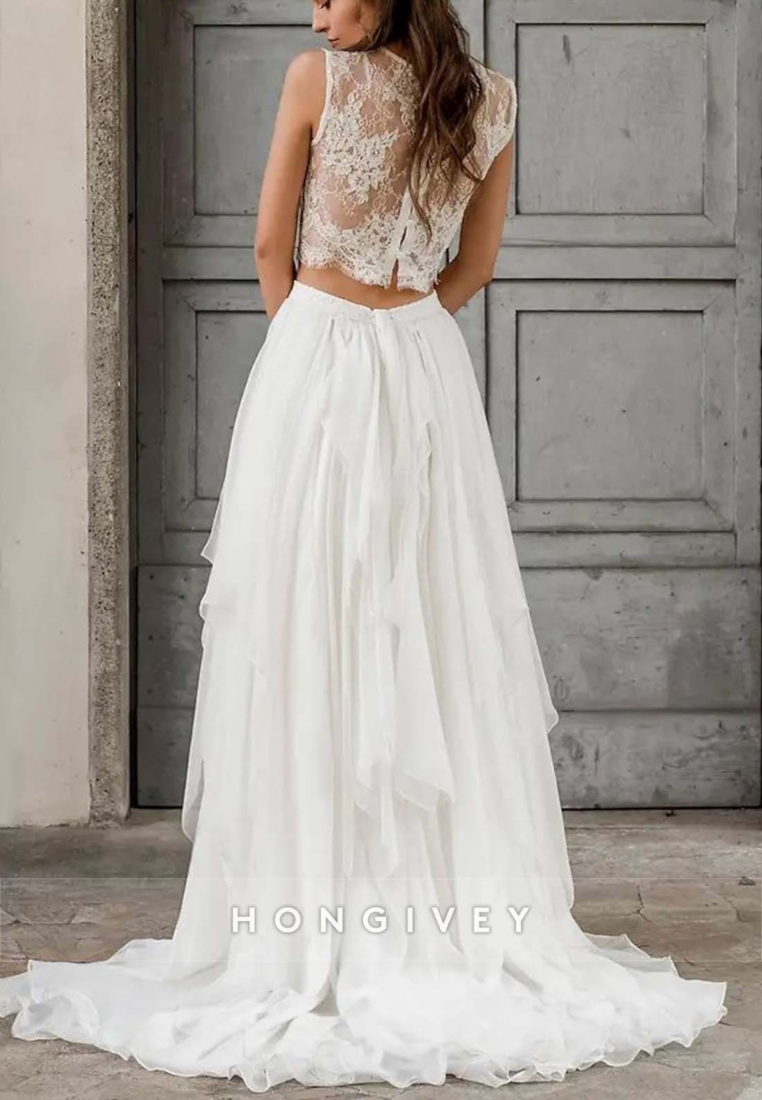 Split Pleated Sleeveless Lace Sweep Train Boho Wedding Dresses