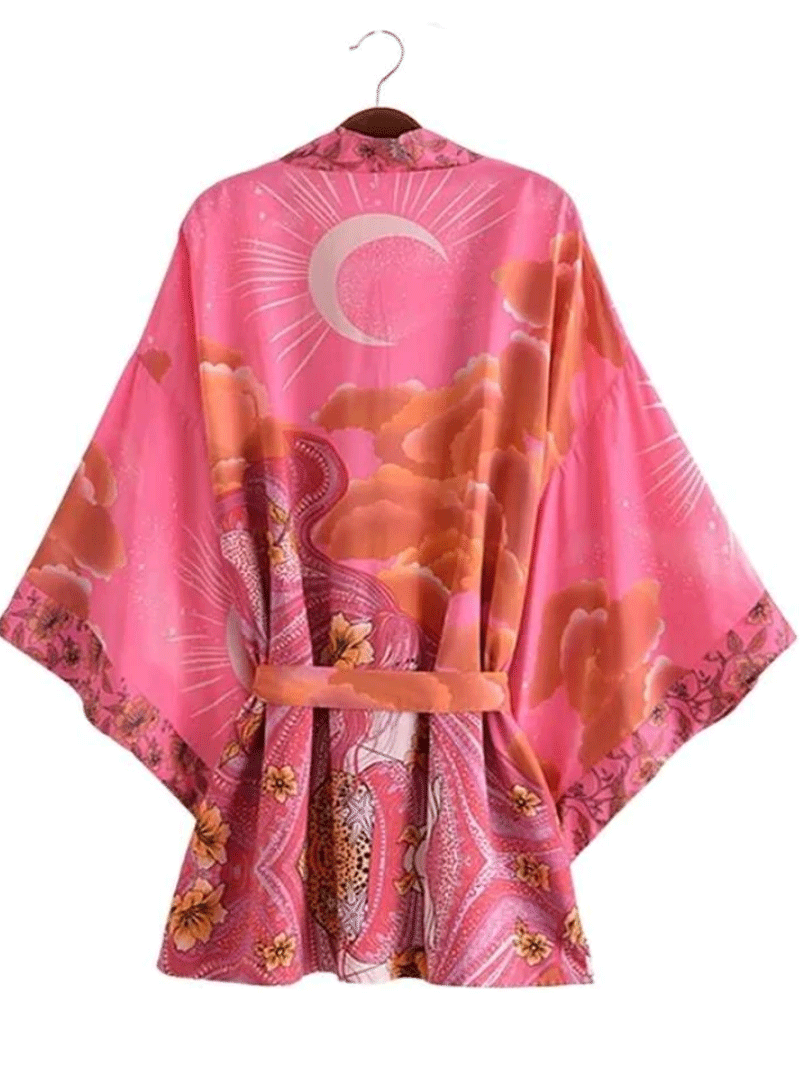 Short Length Floral Print Pink Color Cotton Gown Robe Kimono Duster Robe 2