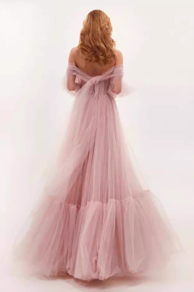 Tulle Off Shoulder Bishop Sleeve Corset A-Line Maxi Dress - View 4