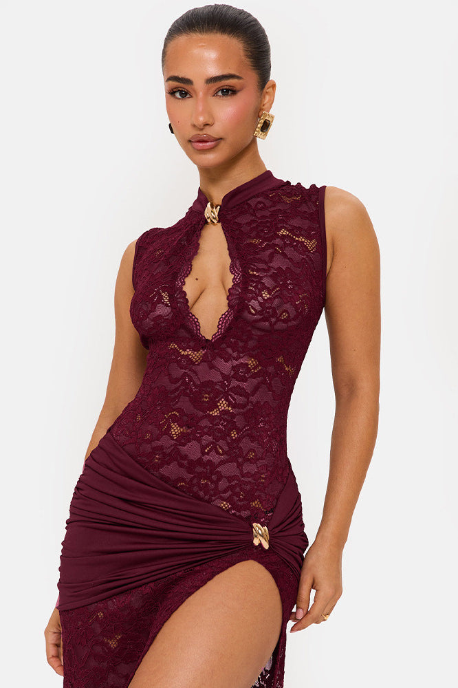 Lace High Neck Keyhole High Split Maxi Gown 8