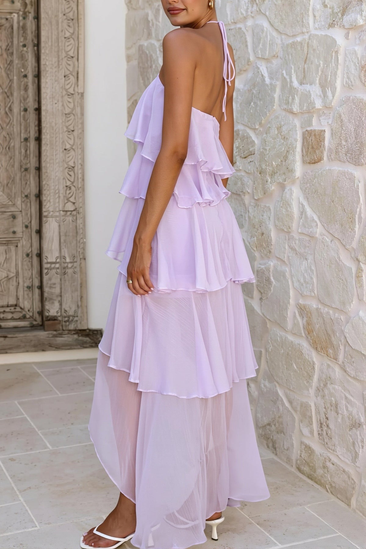 Floral Halter Tiered Ruffle High Low Midi Dress 9