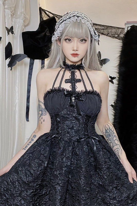 Solid Halter Puff Gothic Dress