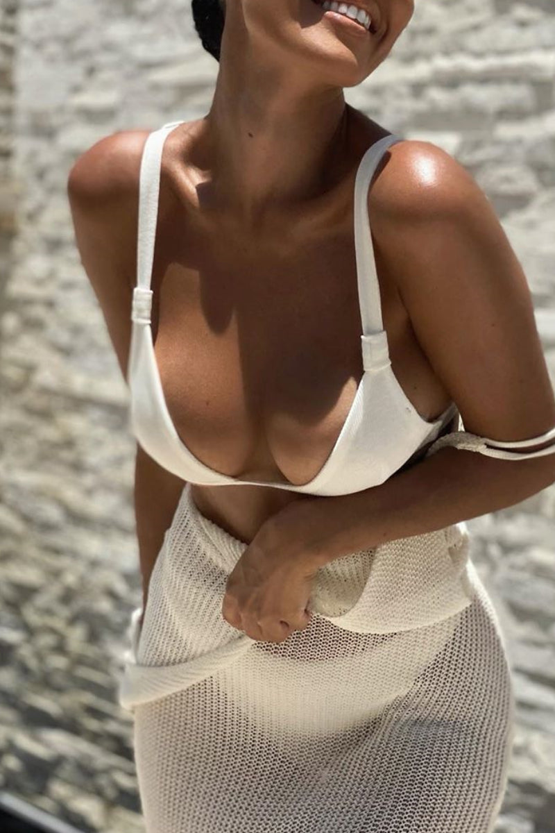 Backless High Split V Neck Knit Maxi Cover Up - Fashionpara