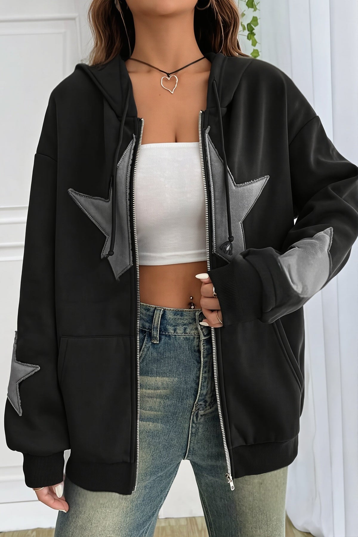Star Contrast Oversize Zip Hoodie 4