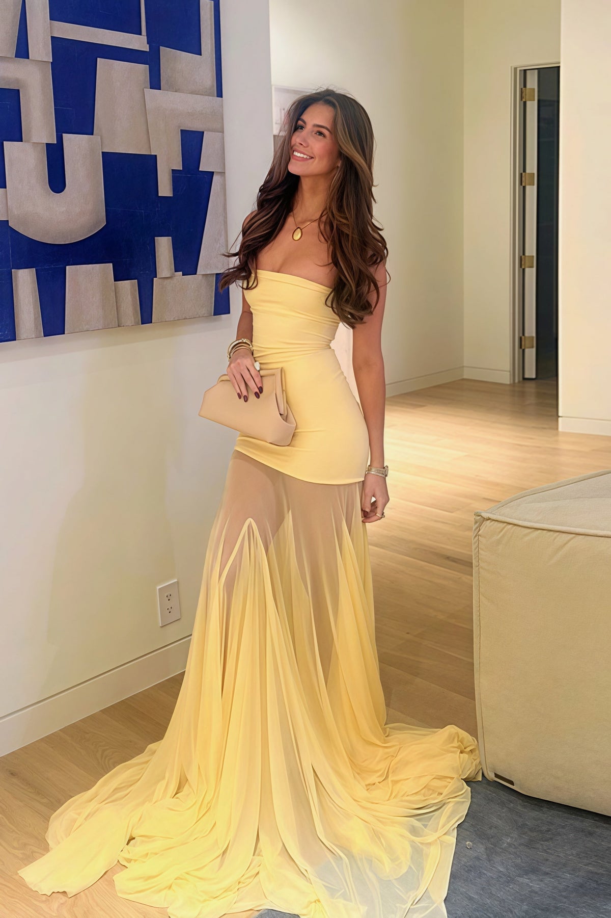 Strapless Ruched Sheer Mermaid Maxi Gown