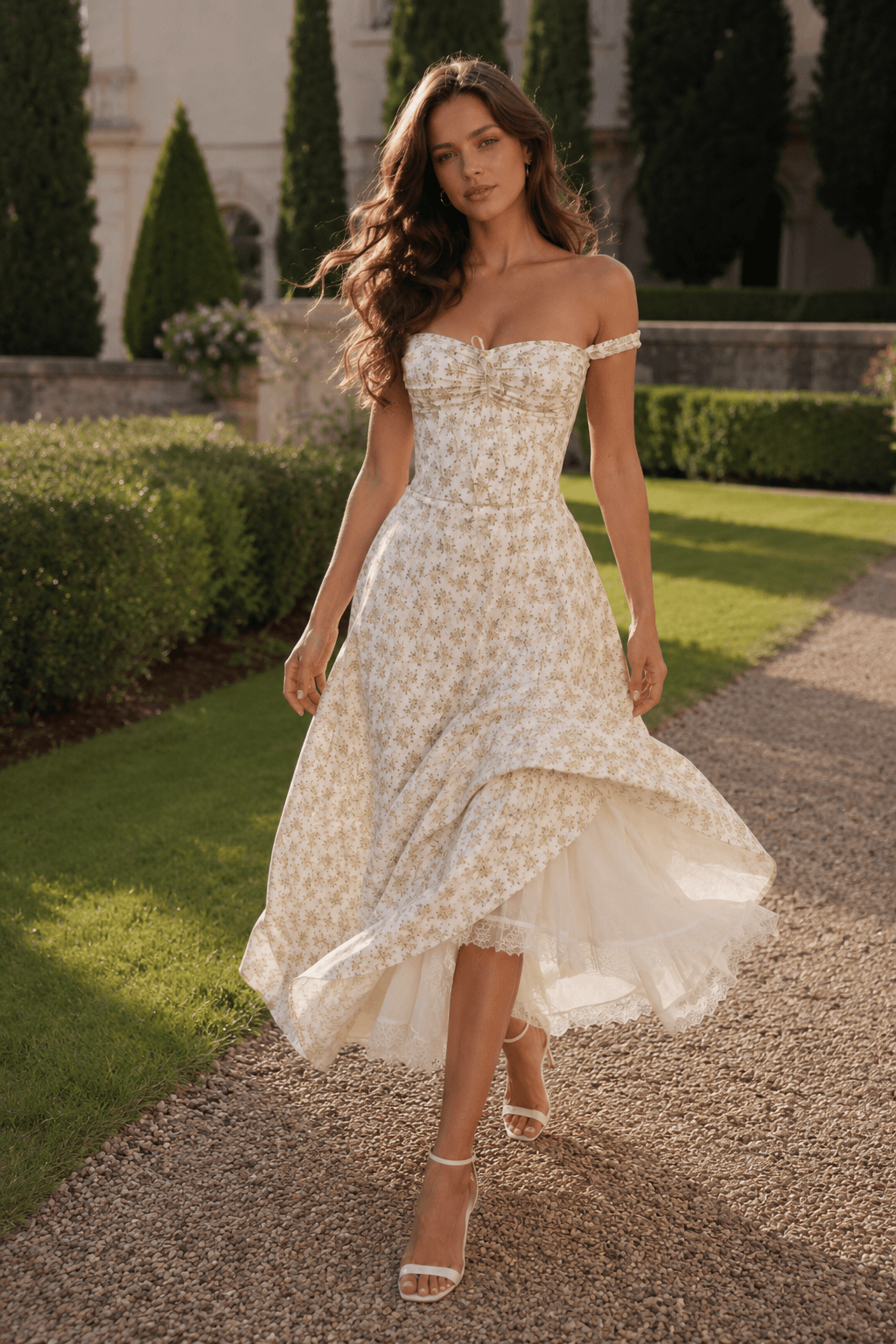 Floral Off Shoulder Sweetheart Corset High Low Midi Dress 3