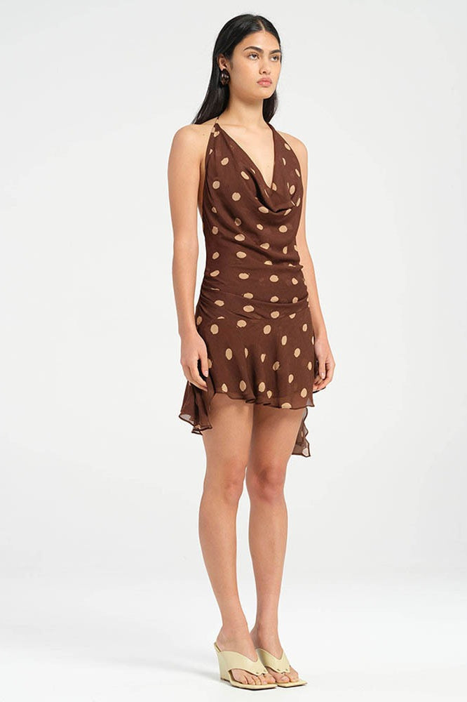 Polka Dot Chiffon Halter Deep V-Neck Ruffle Hem Mini Dress - View 6