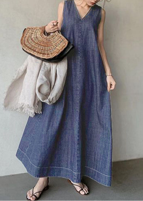 Denim Sleeveless Deep V-Neck A-Line Maxi Dress - View 2
