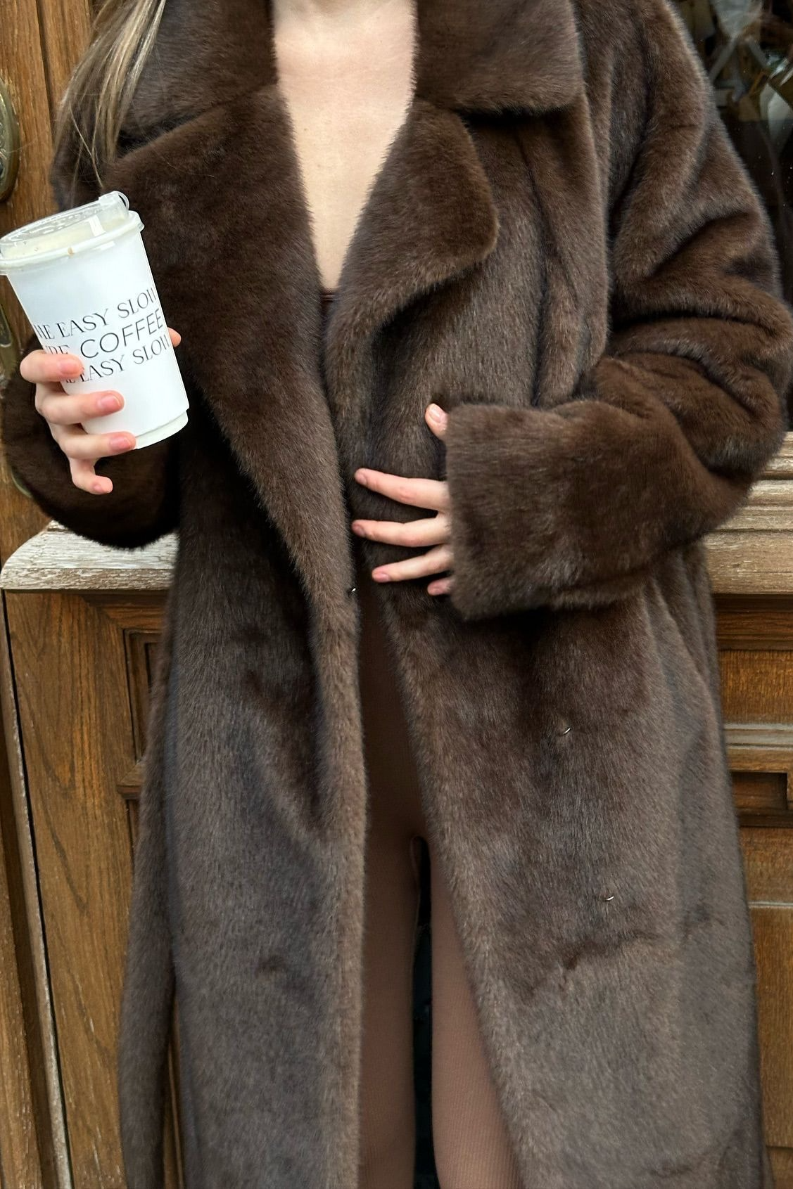 Belted Faux Mink Thick Fuzzy Extended Overcoat - Fashionpara