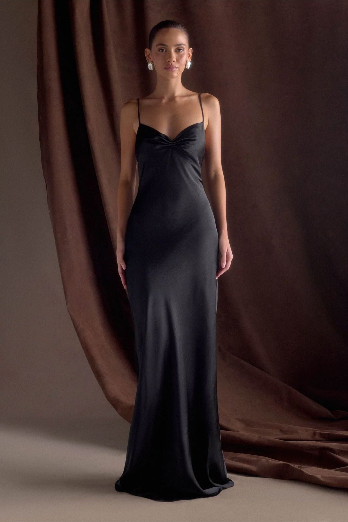 Satin Deep V-Neck Spaghetti Strap Ruched Bust Column Maxi Gown - View 7