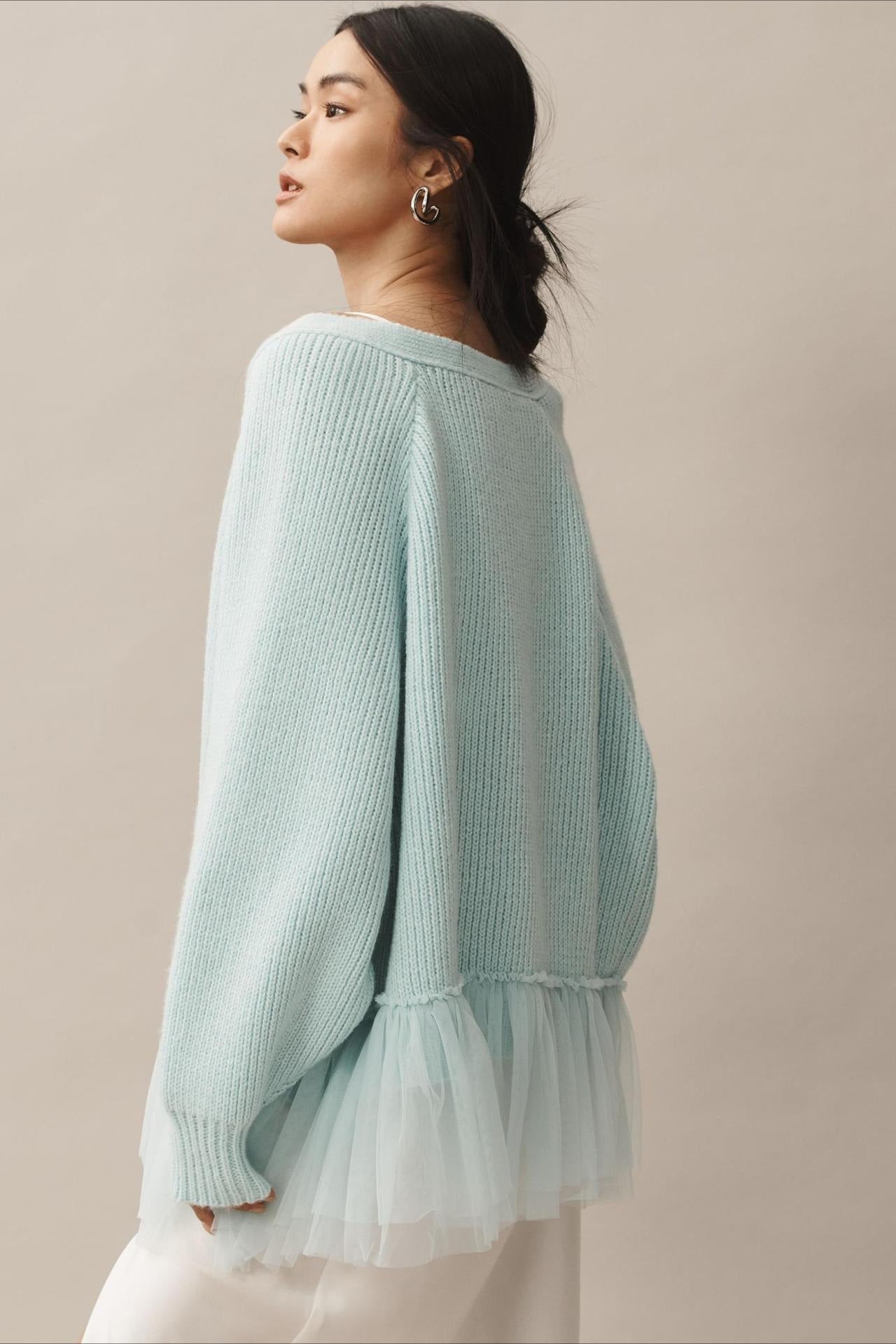 Ruffled Tulle Knit Long-Sleeve Cardigan for Effortless Style - Fashionpara