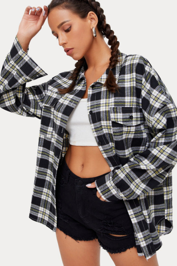 Plaid Stand Collar Button Shirt Blouse