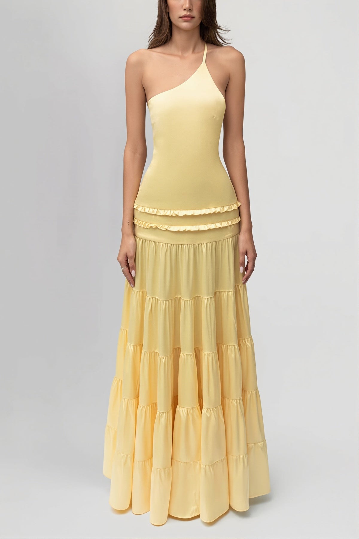 Satin One Shoulder Drop Waist Tiered Maxi Gown