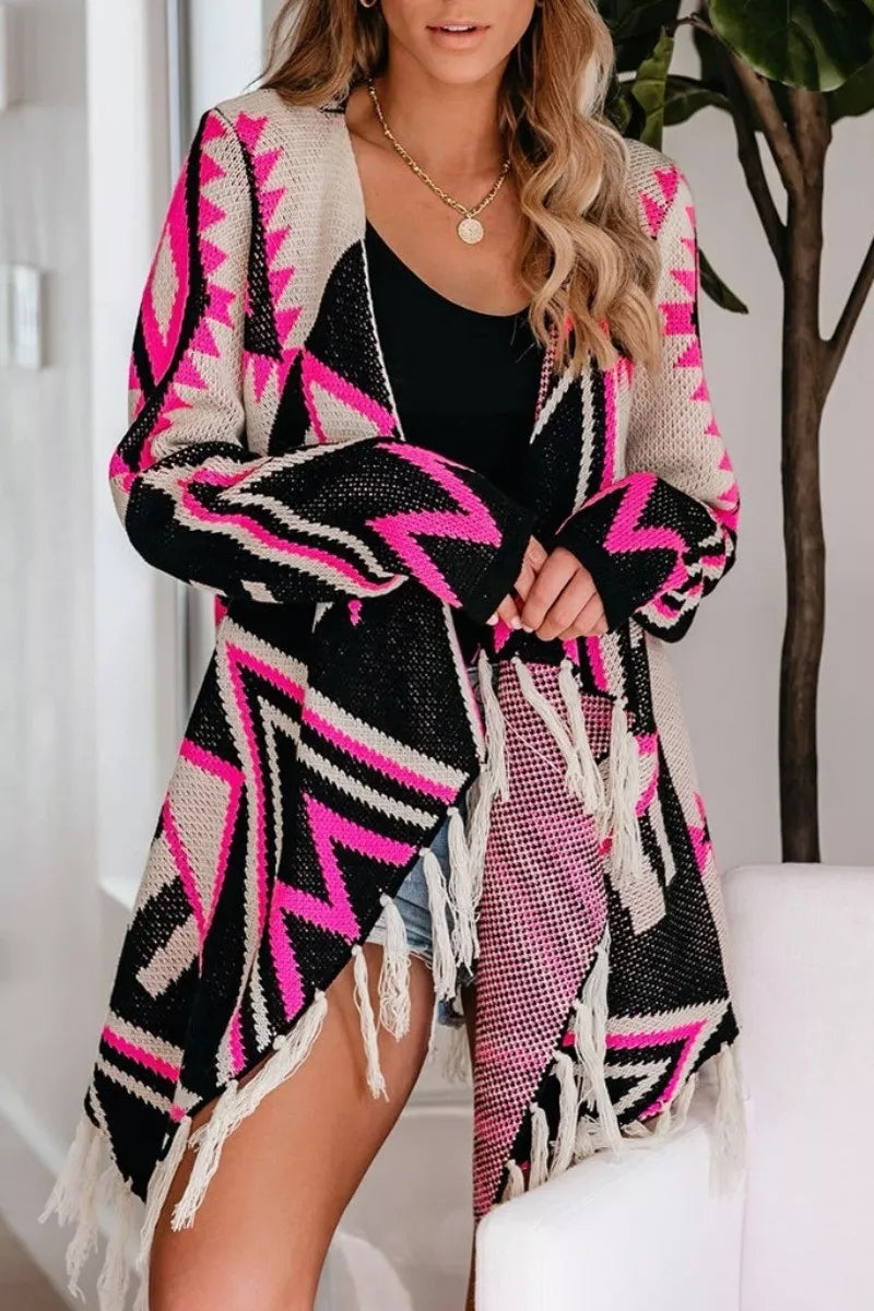 Geometric Print Tassel Design Cardigan  Fashionpara
