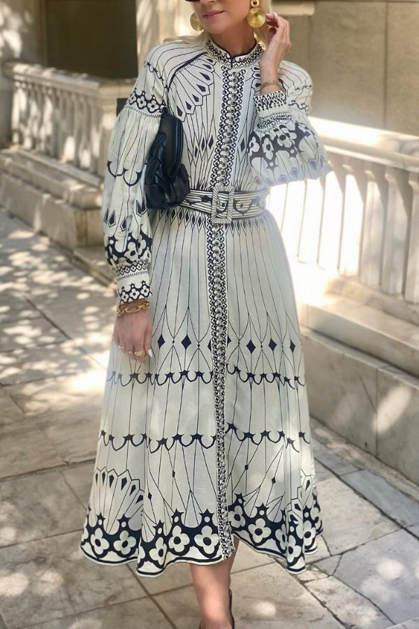 Cotton and linen printed loose casual retro lantern sleeves Midi Dress - Fashionpara