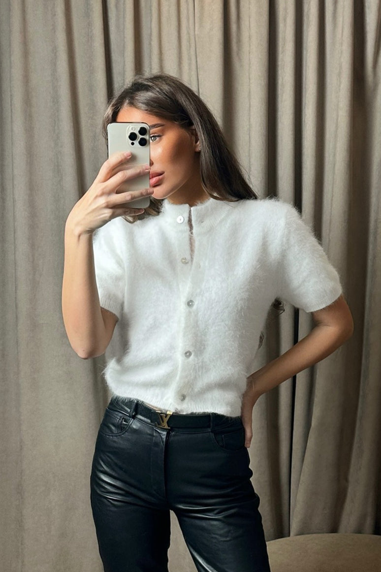 Fuzzy Short Sleeve Button Front Knit Sweater