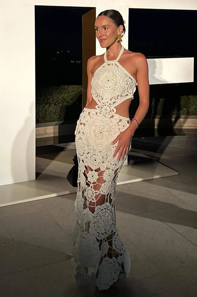 Crochet Halter Neck Side Cut Out Bodycon Maxi Dress - View 2