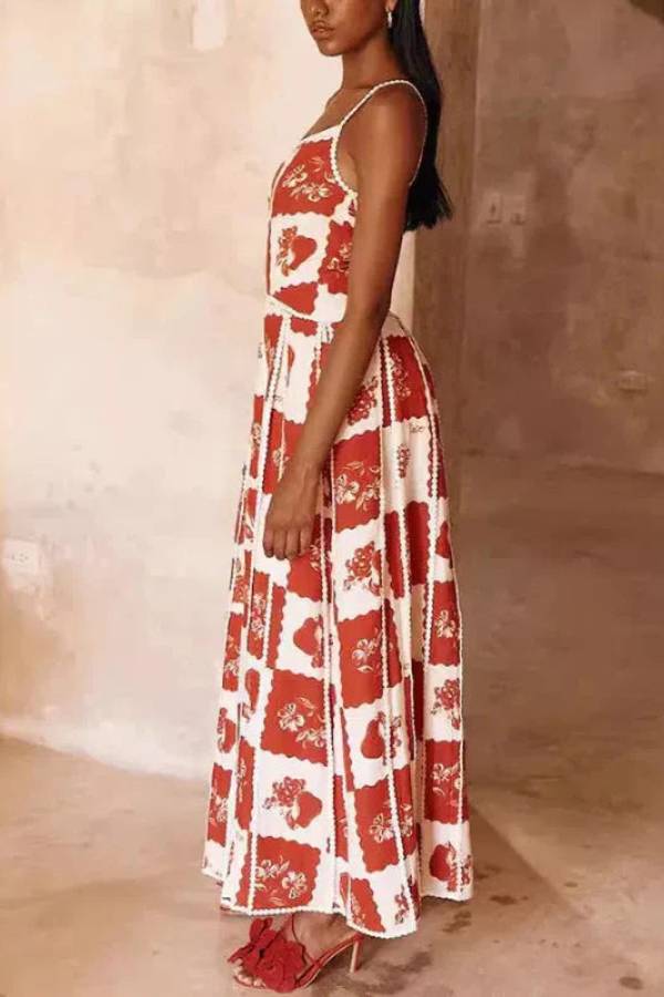 Kyoho Linen Blend Ric Rac Trims Unique Print One Shoulder Flared Maxi Dress - Fashionpara