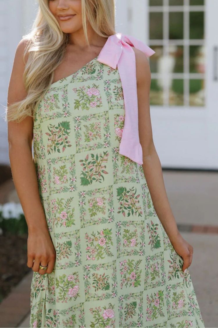 Garden Atmosphere Floral Print One Shoulder Pink Bow Loose Maxi Dress - Fashionpara