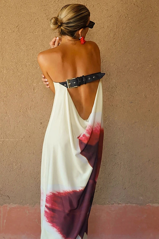 Abstract Print Strapless Satin Slip Maxi Dress