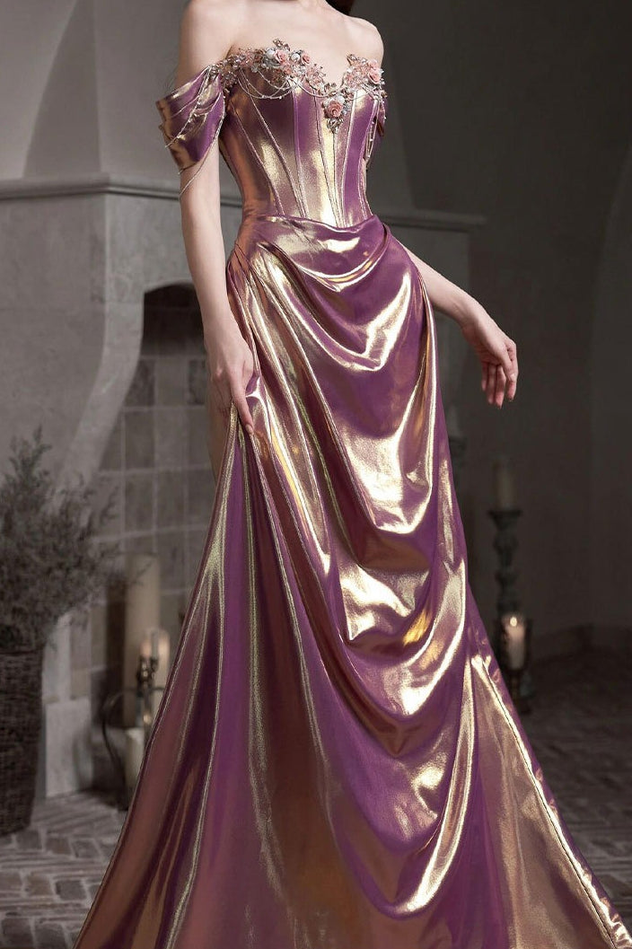 Off Shoulder Sweetheart Ruched High Split Mermaid Gown in Purple - View 2