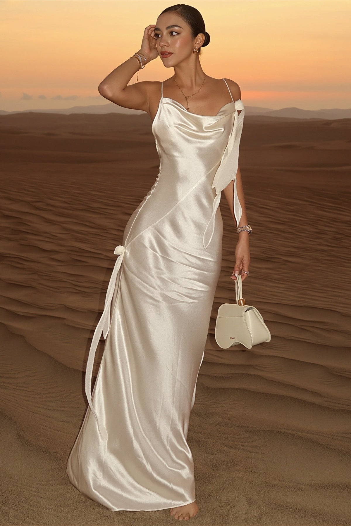 Cowl Neck Spaghetti Strap Bias-Cut Satin Maxi Dress