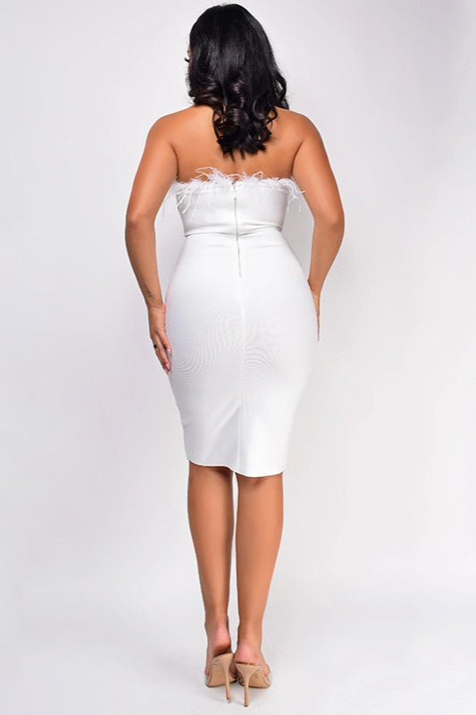 Feather-Trim Strapless Bandage Bodycon Midi Dress 2