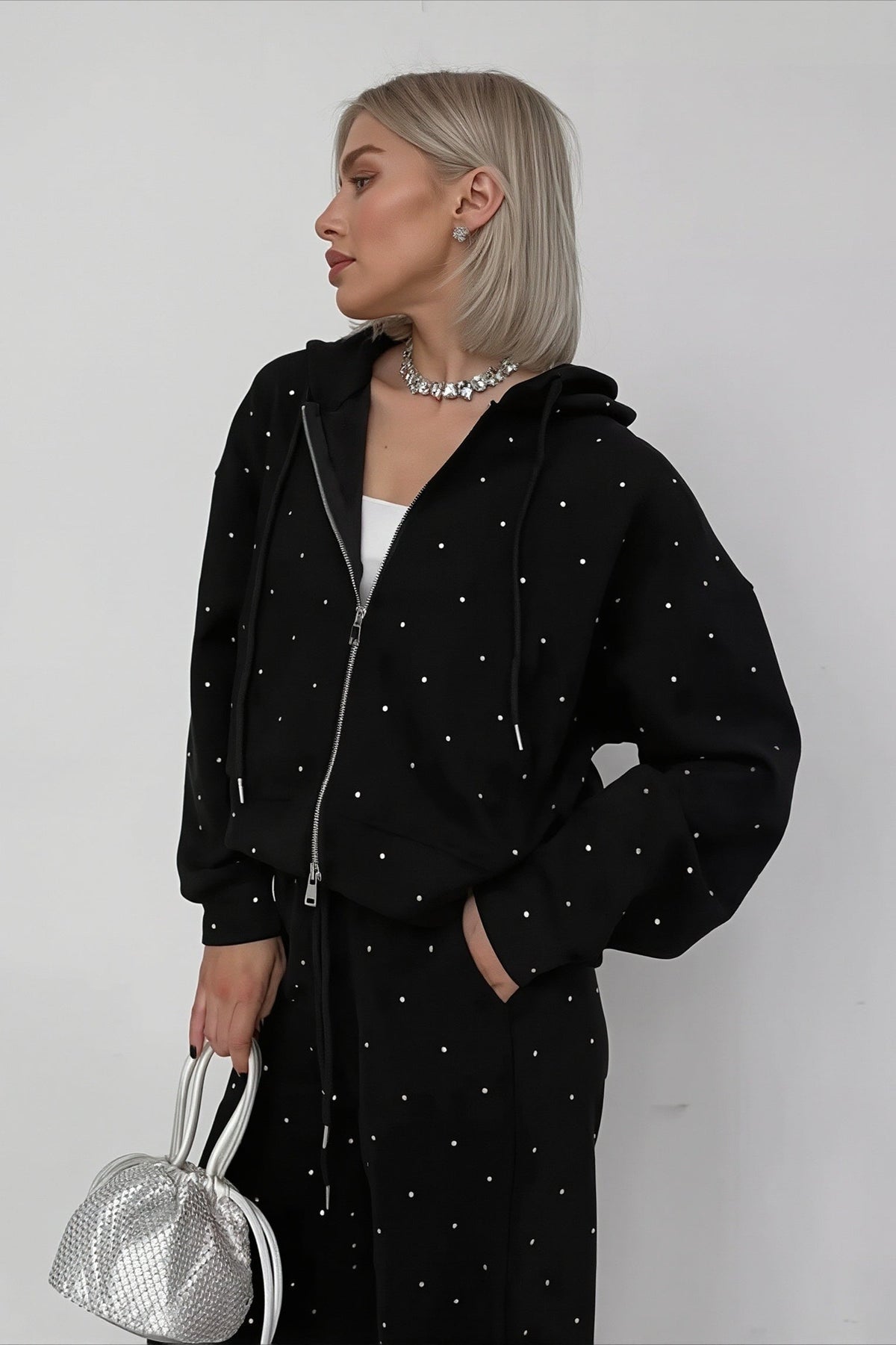 Rhinestone Hooded Loose Fit Two-Piece Set