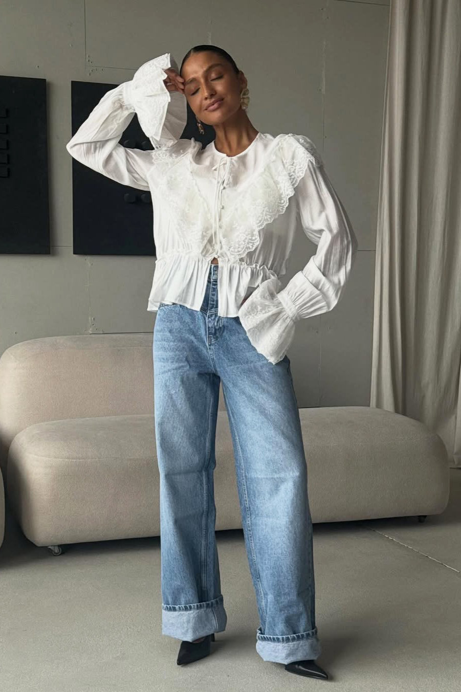 Lace Yoke Ruffle Hem Blouse