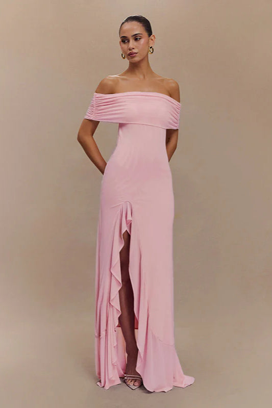 Off-Shoulder Ruffle Mesh Split Maxi Party Dress