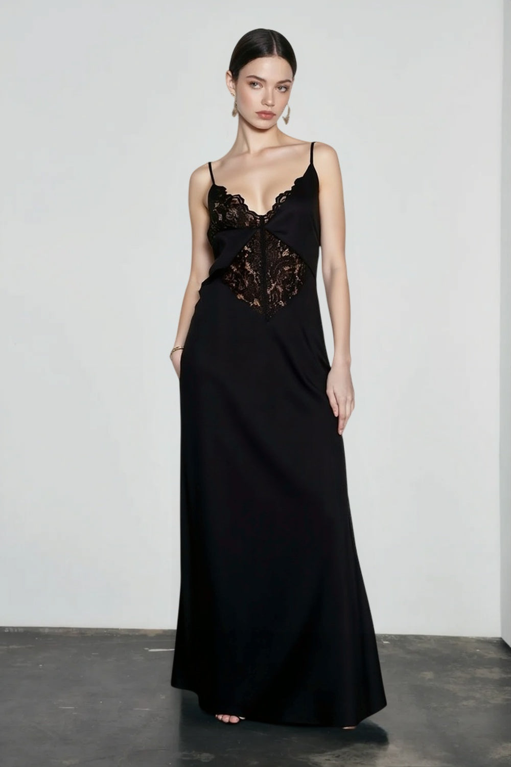 Lace-Trim Satin V-Neck Spaghetti Strap Slip Maxi Dress