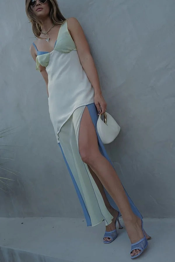 Grace and Effortless Colour Block Panels Chiffon Hem Midi Dress - Fashionpara