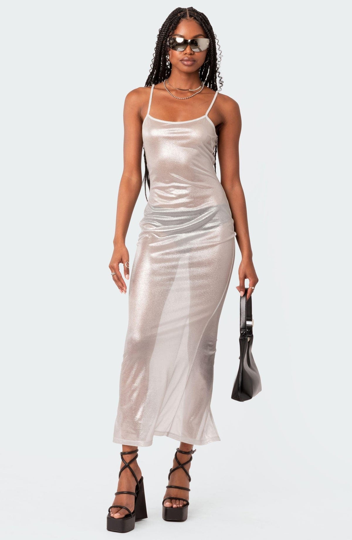 Mesh Metallic Sheer Spaghetti Strap Square Neck Bodycon Maxi Dress - View 9