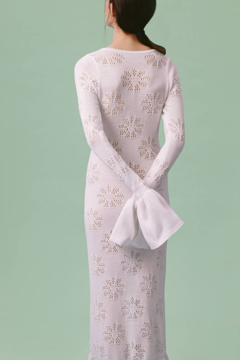 Pointelle Knit Long Sleeve Ruffle Hem Maxi Dress