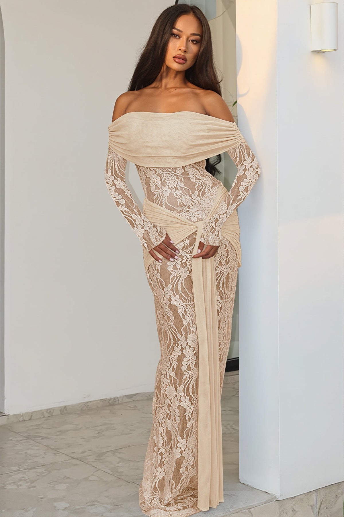 Sheer Lace Off Shoulder Long Sleeve Wrap Maxi Gown 2