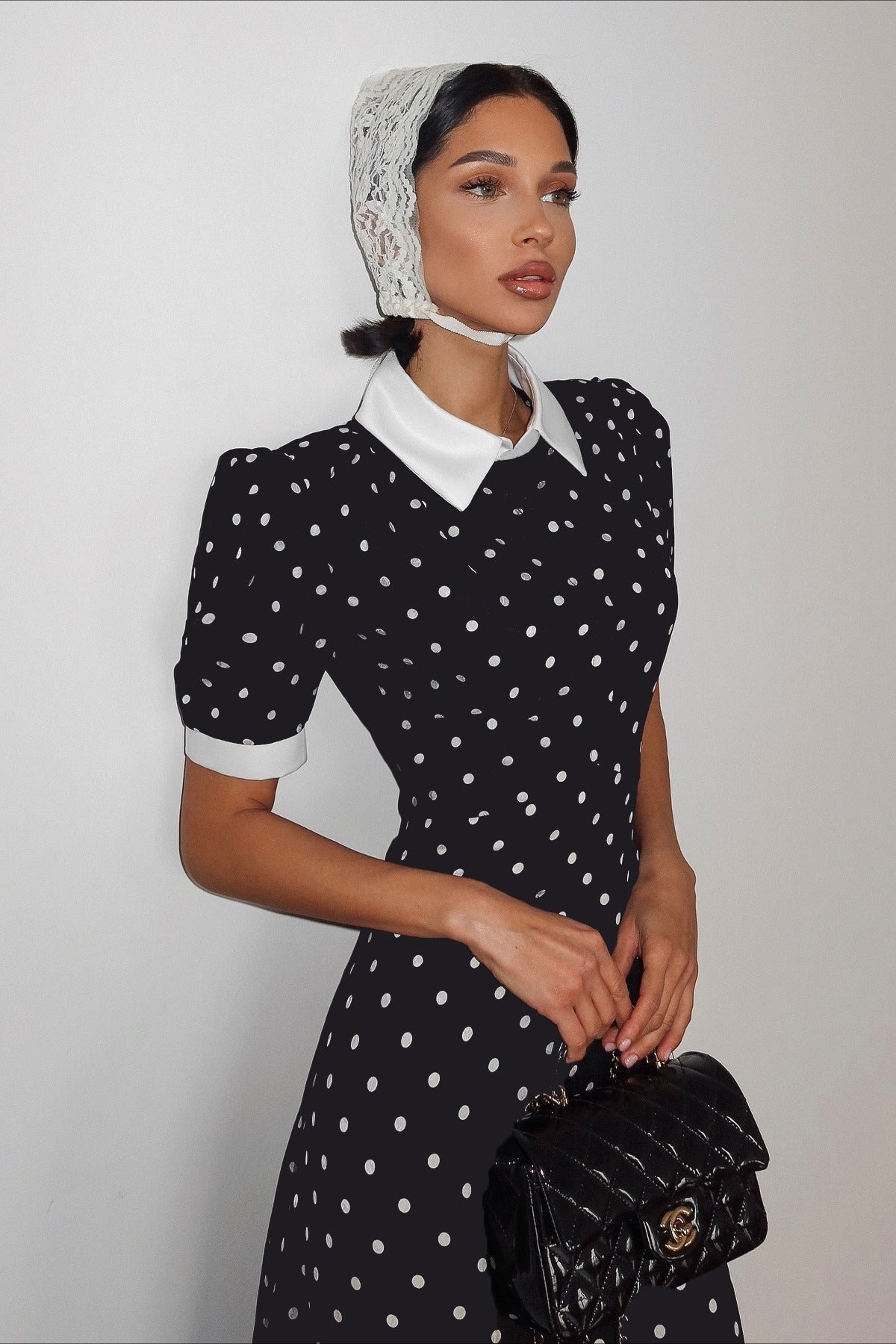 Polka Dot Contrast Collar Puff Sleeve Flared Midi Dress