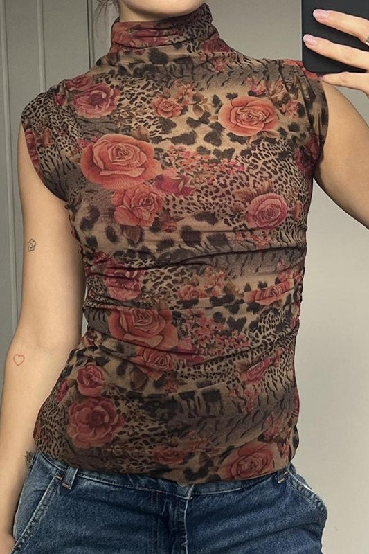 Contrast Print High Neck Blouse